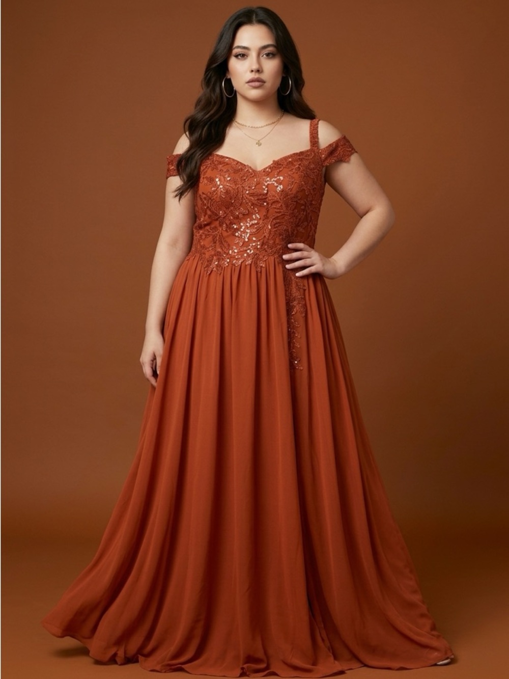 Rust Maxi Evening Gown with Lace Appliqué